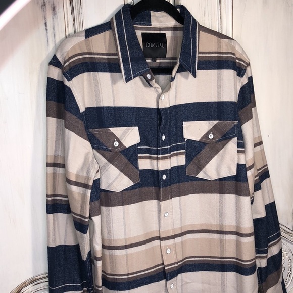 Men’s Costal Soft 100% Cotton Flannel Long Sleeve Button Down Size Large - Picture 2 of 9